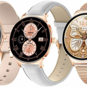 HainoTeko-5 Ladies Smart Watch – Super Slim AMOLED, Waterproof, AI Voice Assistant, 3 Straps (Gold)